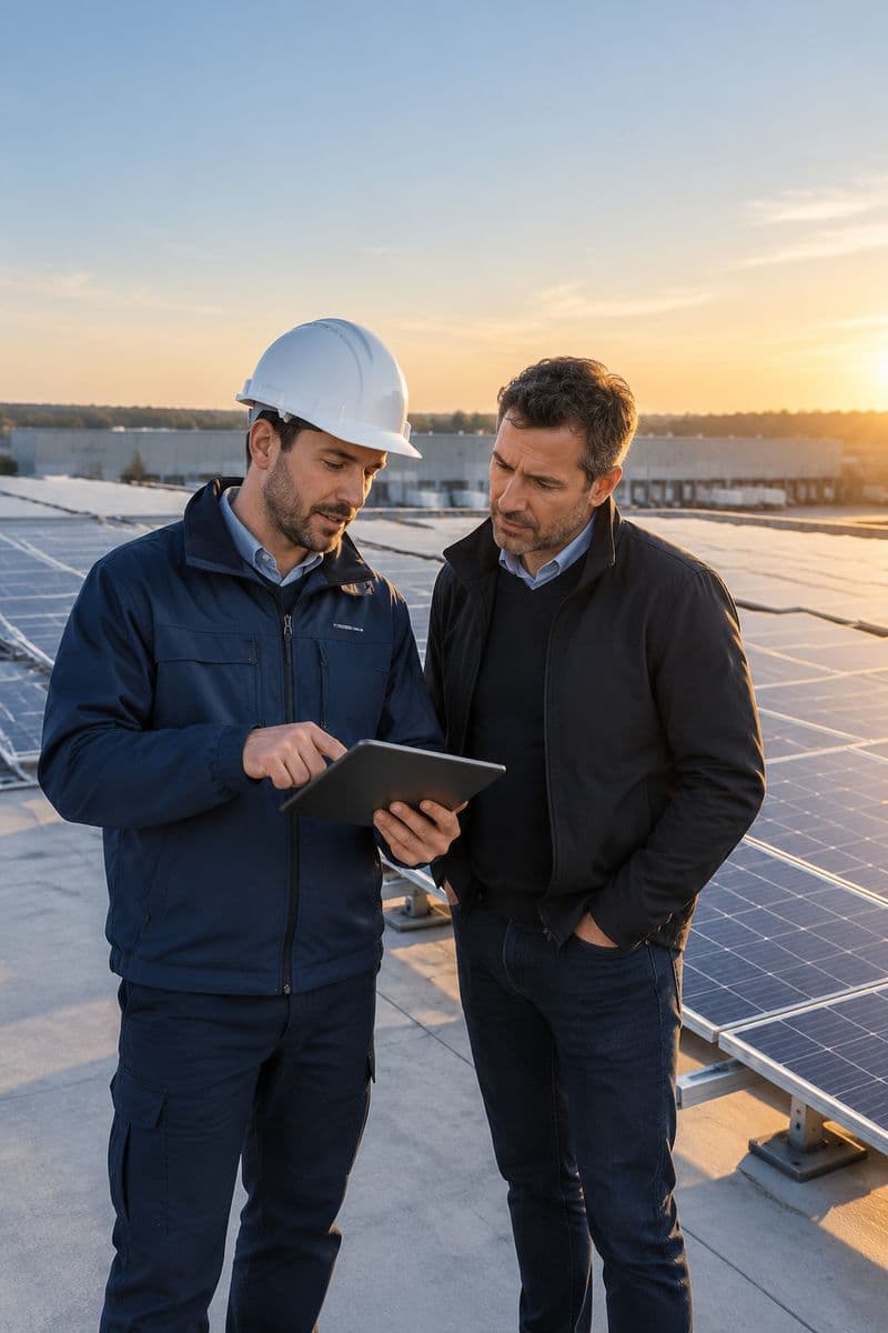 Інженер Energy Evolution обговорює проєкт станції з власником бізнесу на даху складу